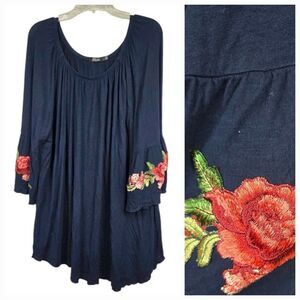 Women's 3XL Navy Blue Floral Embroidered Bell Sleeve Tunic Top Ruffled Peasant